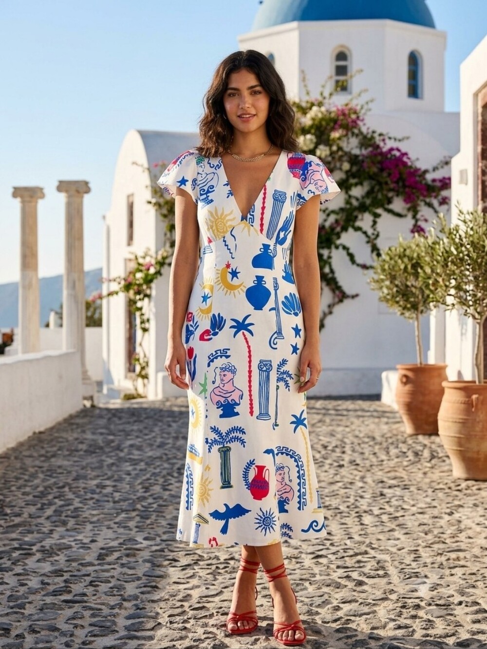 {Amanda Jean NYC} White Greek Print V-Neck Maxi Dress - Medium
